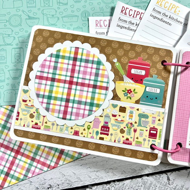 Oven shaped recipe scrapbook album page with baking supplies and cookies