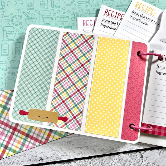 Oven shaped recipe scrapbook album page with a rolling pin