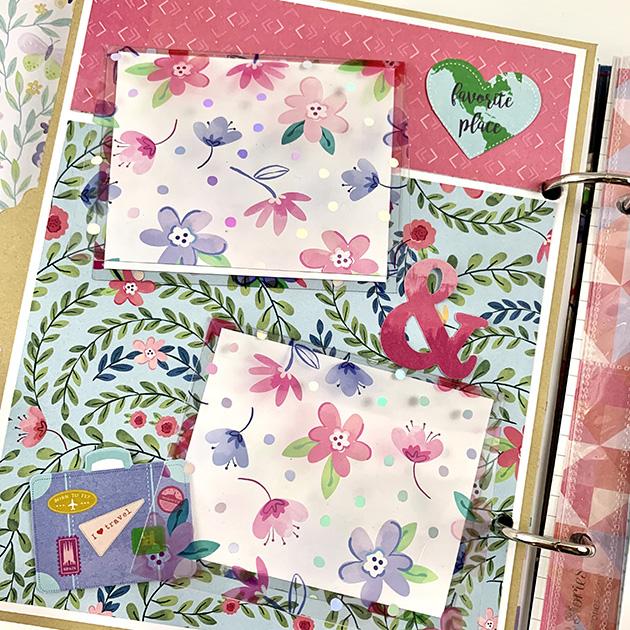 Everyday Magic Scrapbook Album page with flowers, acetate folding cards, and a suitcase