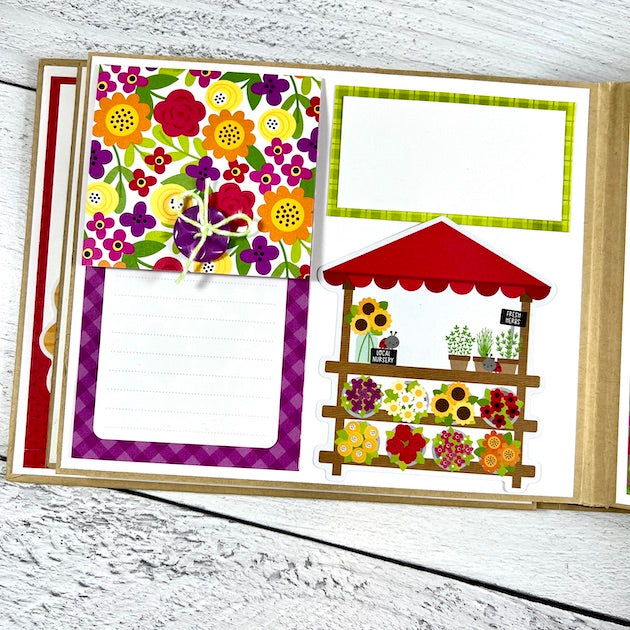 Perfect Fall Day Scrapbook Album page with flower stand, flowers, and a button