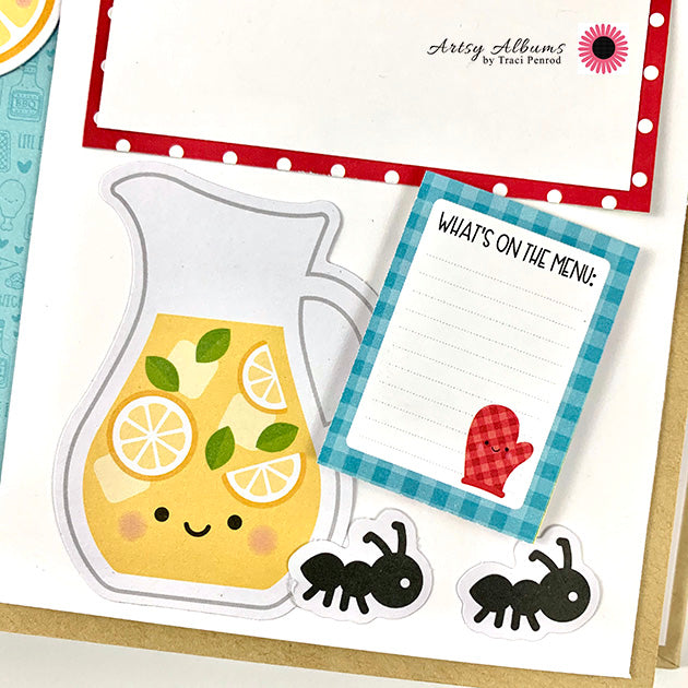 Life is a Picnic Summer Scrapbook Album page with a pitcher of lemonade, a journaling spots, and ants