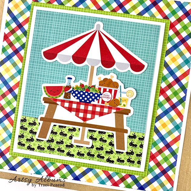 Life is a Picnic Summer Scrapbook Album page with an umbrella, picnic table, food, and cute ants
