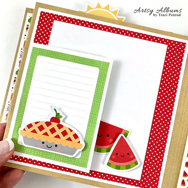 Life is a Picnic Summer Scrapbook Album page with a cherry pie and watermelon