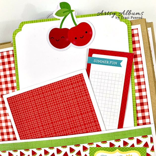 Life is a Picnic Summer Scrapbook Album page with a pocket, journaling cards, and cherries