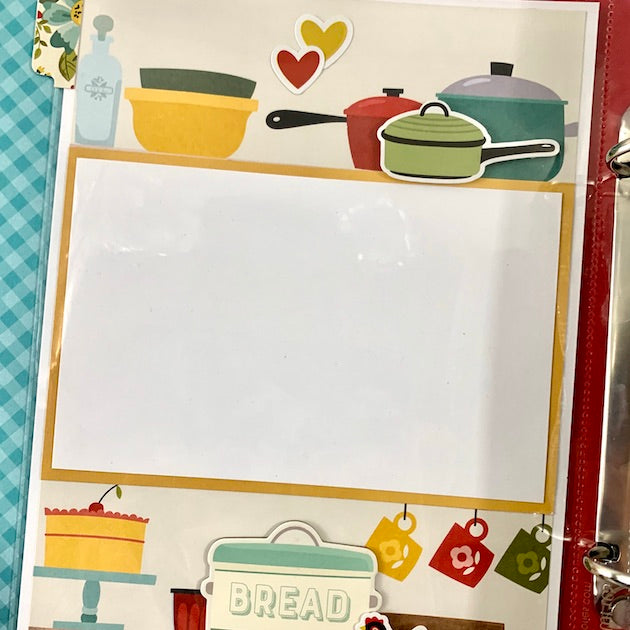 What's Cookin' Recipe Scrapbook Album page with hearts, a cake, and cute kitchen supplies
