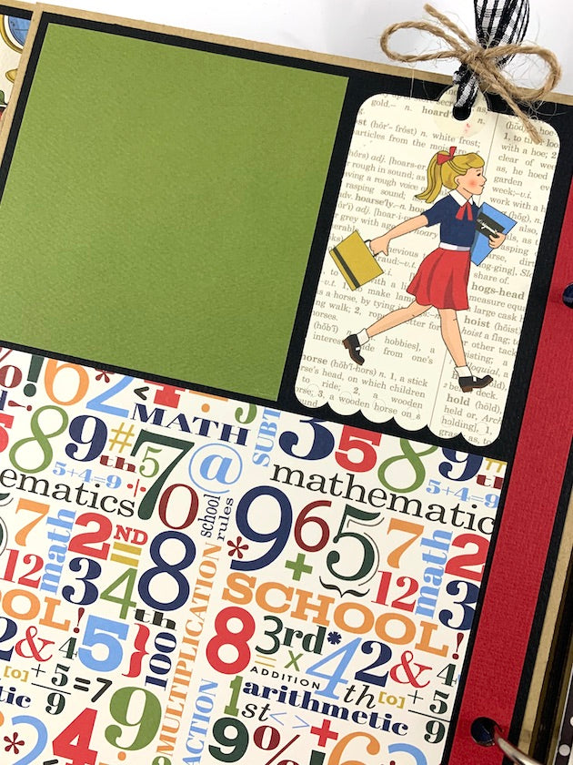 School Days Scrapbook Album Page with school girl, letters, numbers & twine