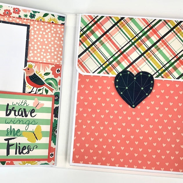 Friend Scrapbook Album Page with hearts, plaid design bird and butterflies
