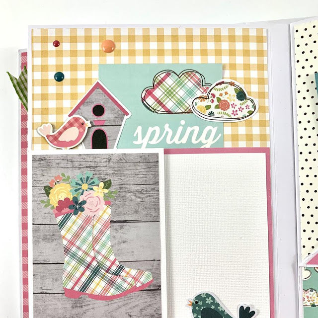Hello Spring Easter scrapbook album page with cute plaid rainboots, flowers, birds, a birdhouse, clouds, and pretty enamel dots 