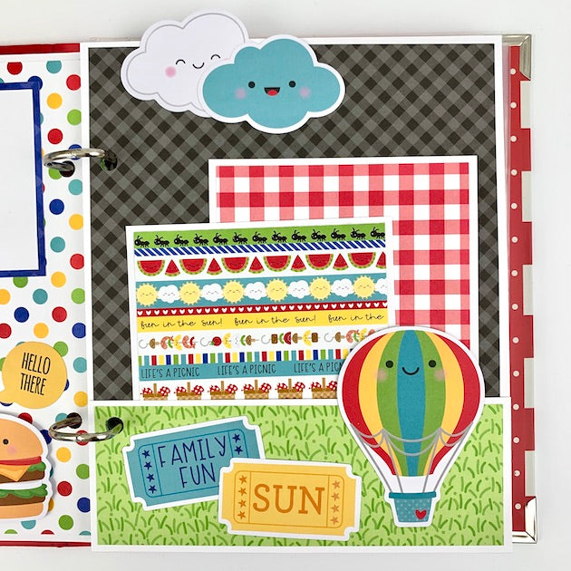 Summer Fun and BBQ Scrapbook Album page with a hot air balloon, a pocket, and journaling cards