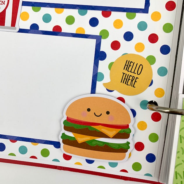 Summer Fun and BBQ Scrapbook Album page with polka dots and a hamburger