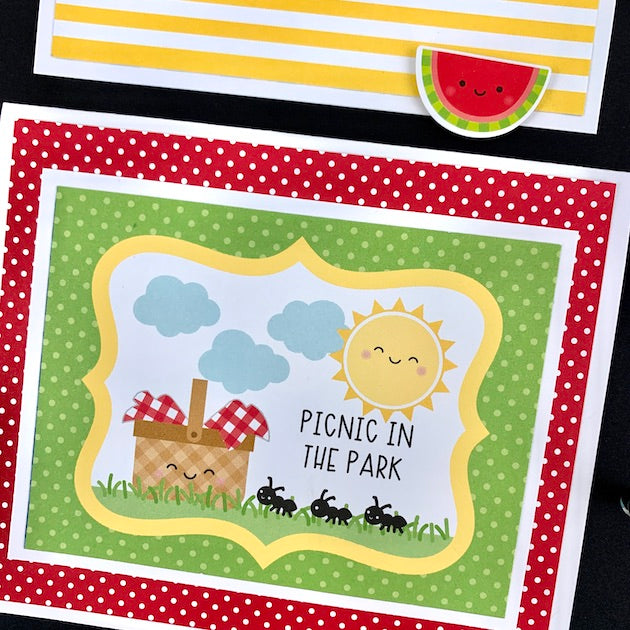 Summer Fun and BBQ Scrapbook Album page with a picnic scene, watermelon, and sunshine
