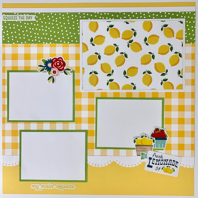 12x12 Summer Memories Scrapbook Layouts with lemons, gingham, flowers, and polka dots