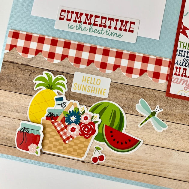 12x12 Summer Memories Scrapbook Layouts with a picnic basket, watermelon, pineapple, and a gingham scalloped border