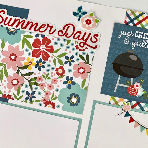 12x12 Summer Memories Scrapbook Layouts with flowers, a flag banner, and a BBQ grill