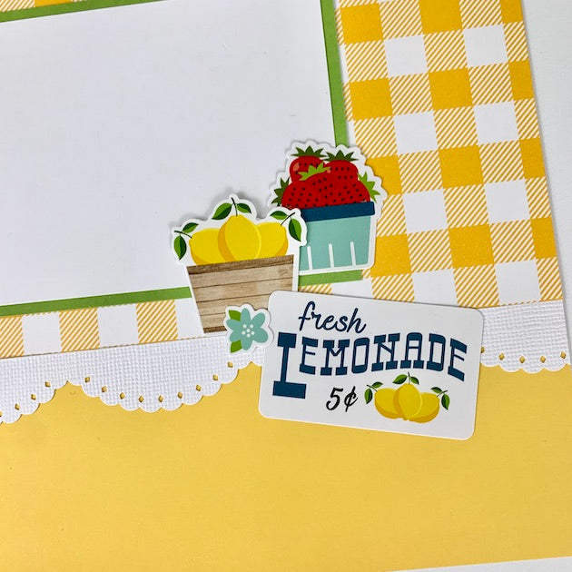 12x12 Summer Memories Scrapbook Layouts with lemons, strawberries, and a pretty scalloped border