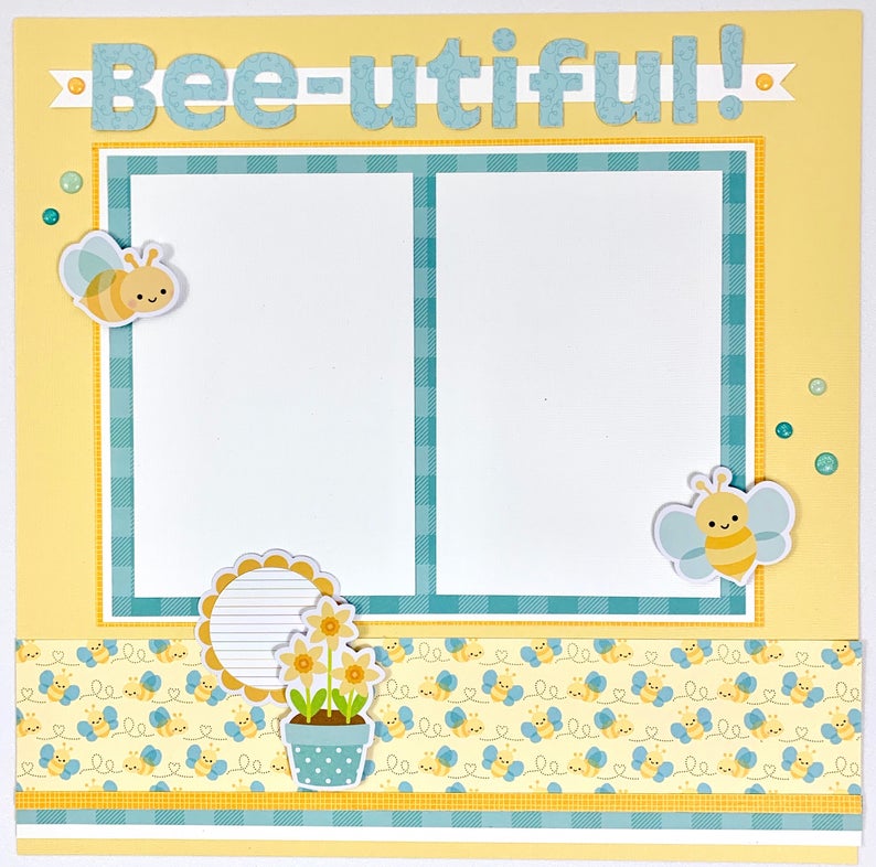 12x12 Spring blue and yellow scrapbook page layout with bees and flowers