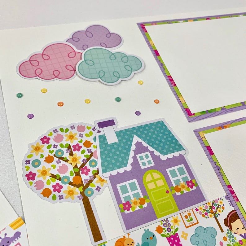 12x12 Spring scrapbook page layout with flowers, a house, and rainbow enamel sprinkles