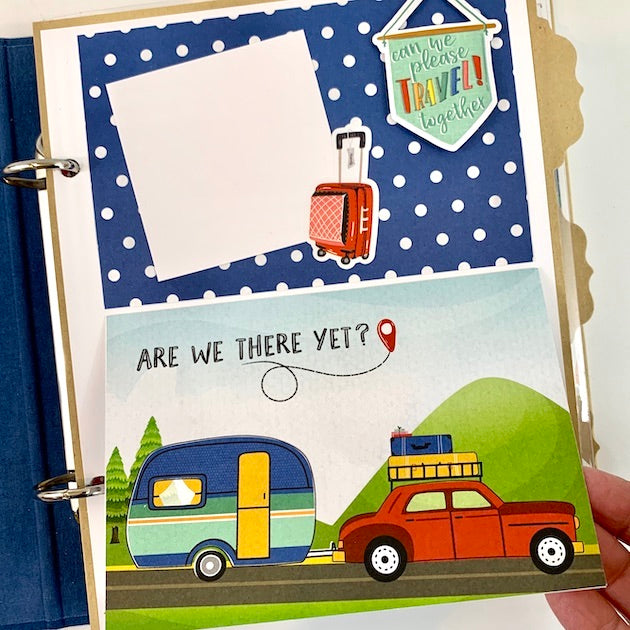 Where To Next Travel Scrapbook Album page with a car, a camper, and polka dots