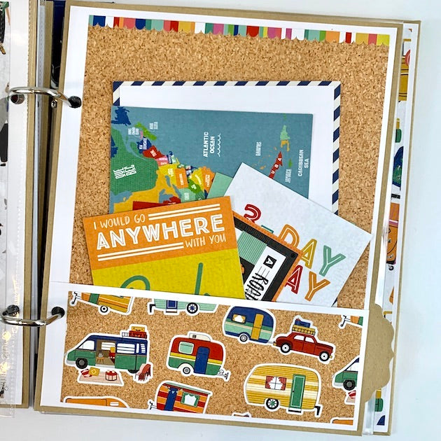 Where To Next Travel Scrapbook Album page with a pocket, journaling cards, cars, and campers