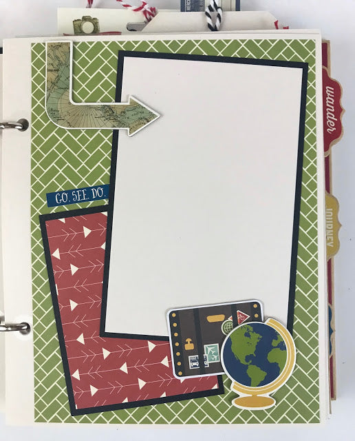 Explore Travel Scrapbook Album page with a globe, suitcase, and photo mat