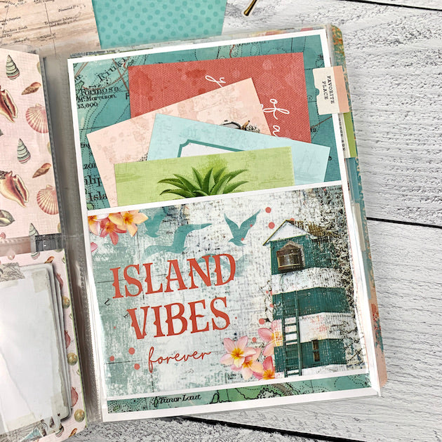 Living the Beach Life Scrapbook Album page with pocket and lighthouse