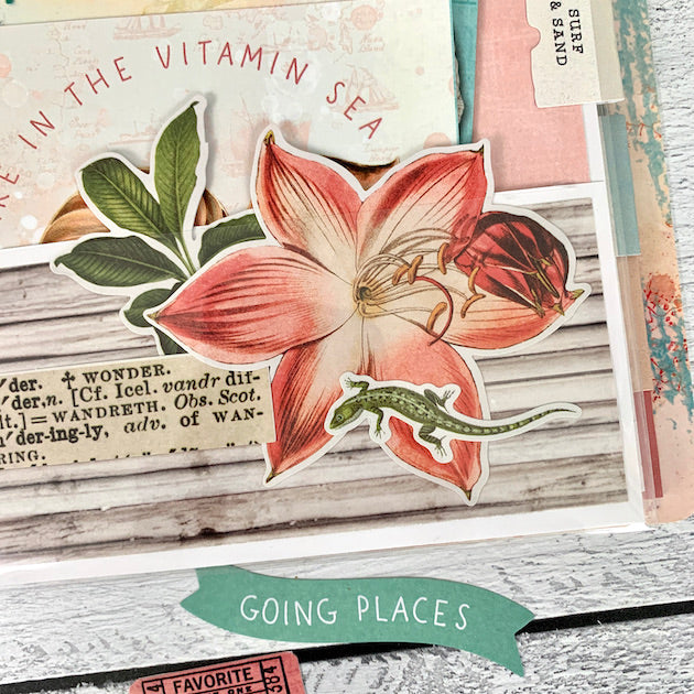 Living the Beach Life Scrapbook Album page with flower and lizard