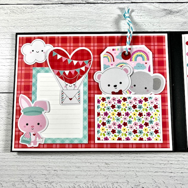 Valentine's Day Scrapbook Album page with heart balloons, rabbit, & bear