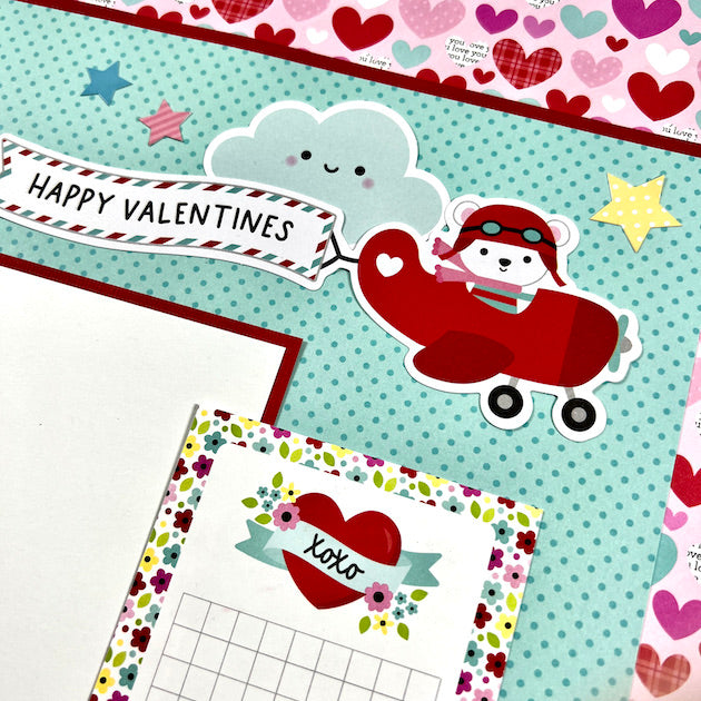 Lots of Love Valentine's Day Scrapbook Page with hearts, airplane, & bear