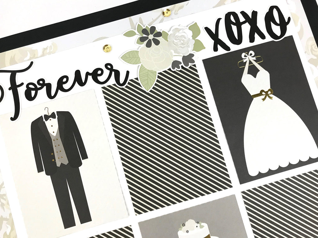 12x12 wedding scrapbook Page Layout with flowers, wedding dress and tuxedo
