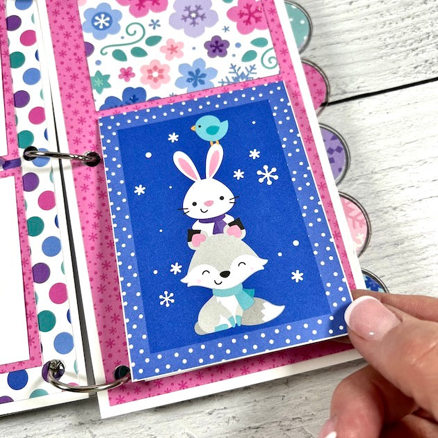 Winter Scrapbook album page with bunny rabbit, fox, bird, & flowers
