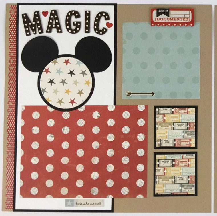 Disney themed 12x12 scrapbook layouts with mouse ears, stars, tickets, and polka dots