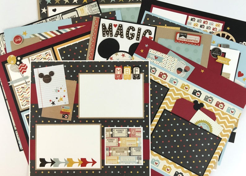 Disney themed 12x12 scrapbook layouts with mouse ears, stars, balloons, and cameras