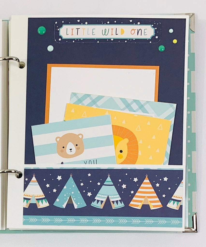 Baby Boy Scrapbook Album Page with cute animals, tepees, a pocket, and journaling cards