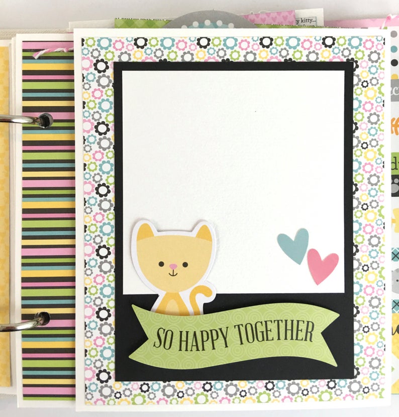 Cat Scrapbook Album Page with cute kitten, flowers, hearts and stripes