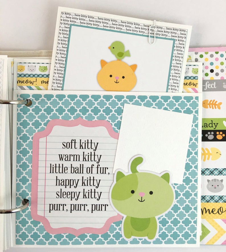 Cat Scrapbook Album page with cute kittens, a bird, and a pocket
