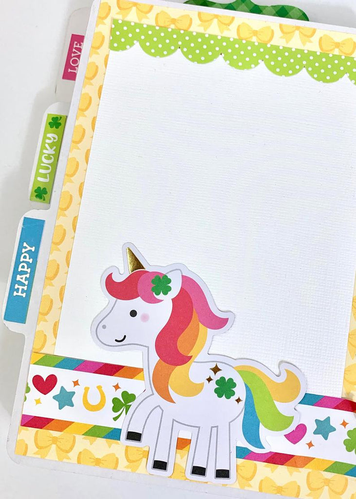 Lucky Charm Scrapbook Album Pages with rainbows, unicorn, hearts, and stars