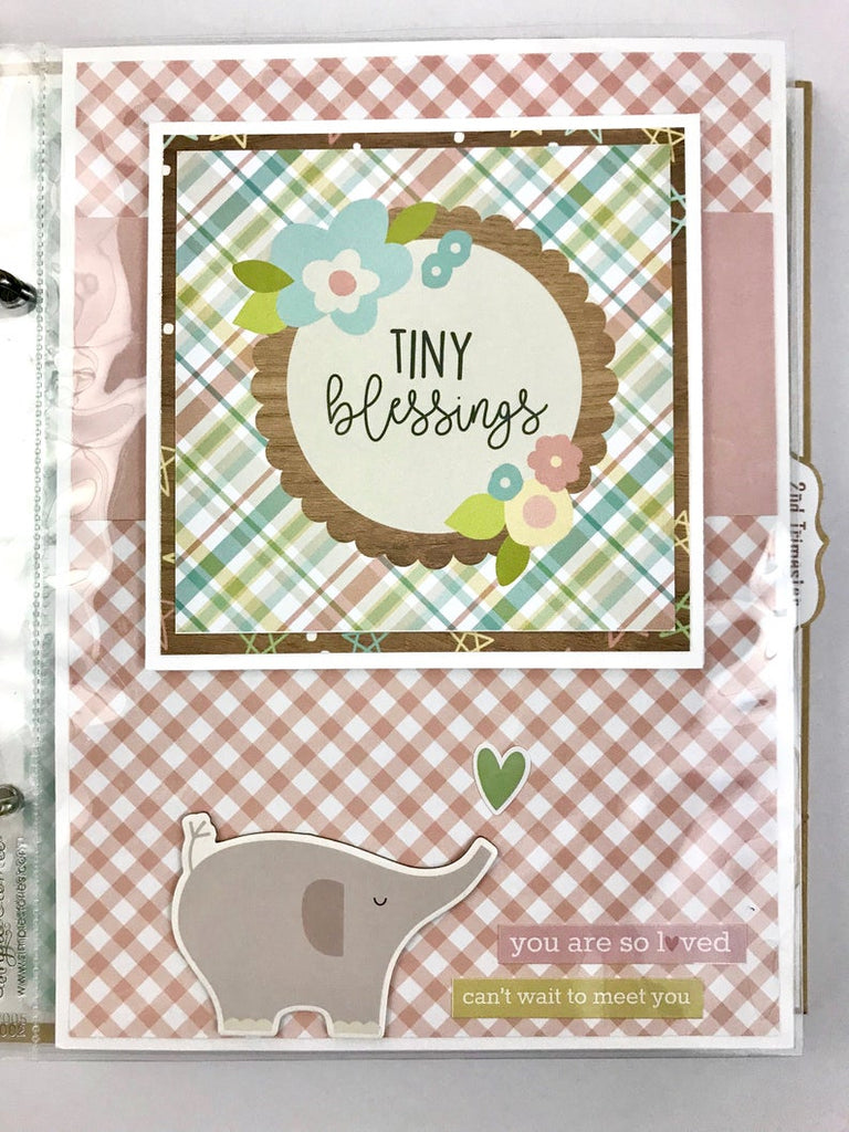 Pregnancy Scrapbook Album Page with an elephant, flowers, and pretty papers